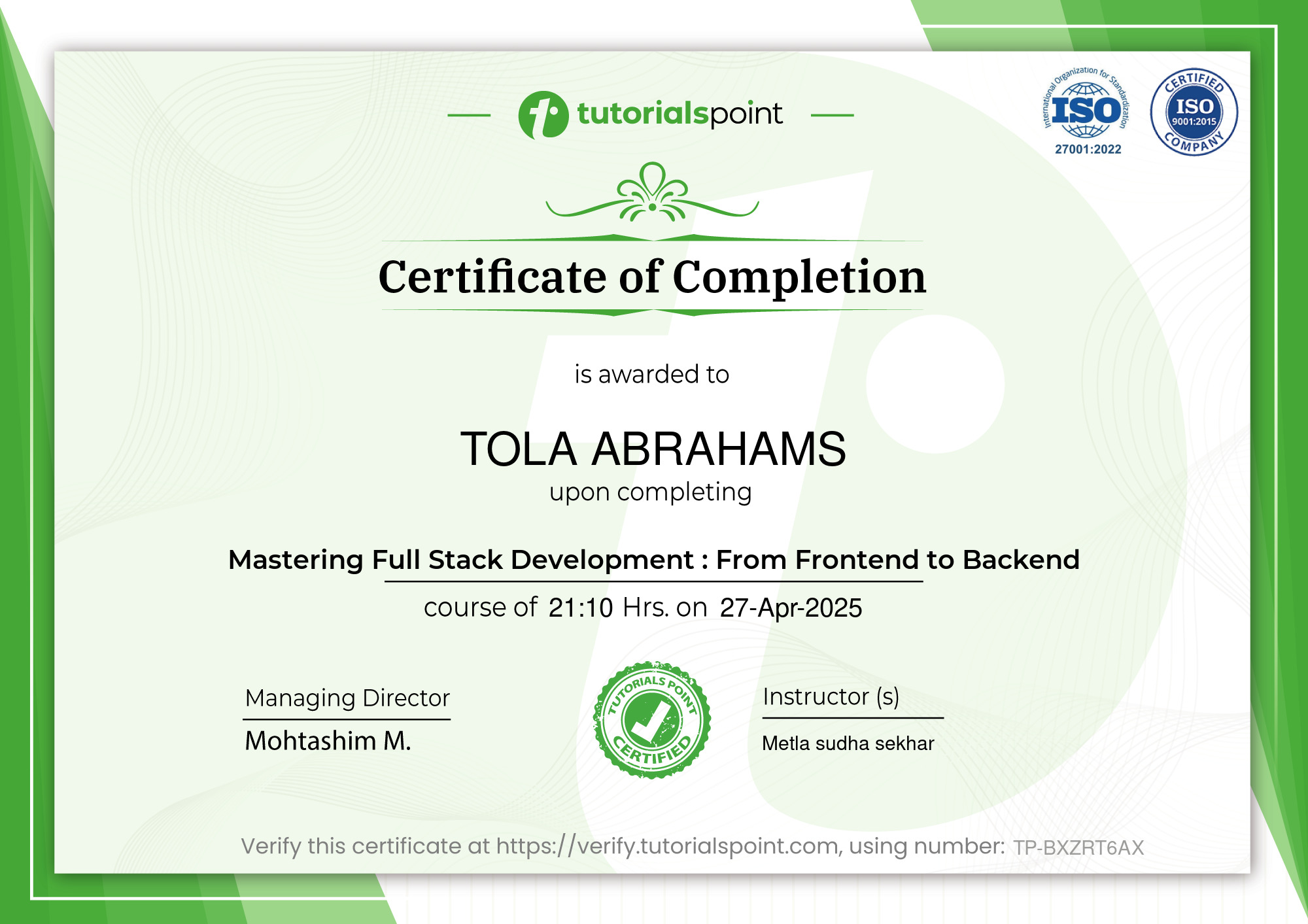 Full Stack Development certificate badge